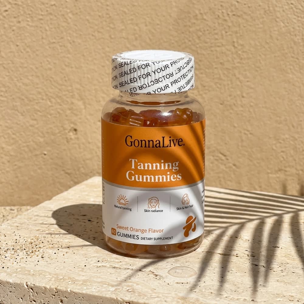 Dose GonnaLive Tanning Gummies auf warmem Stein im Palmenschatten